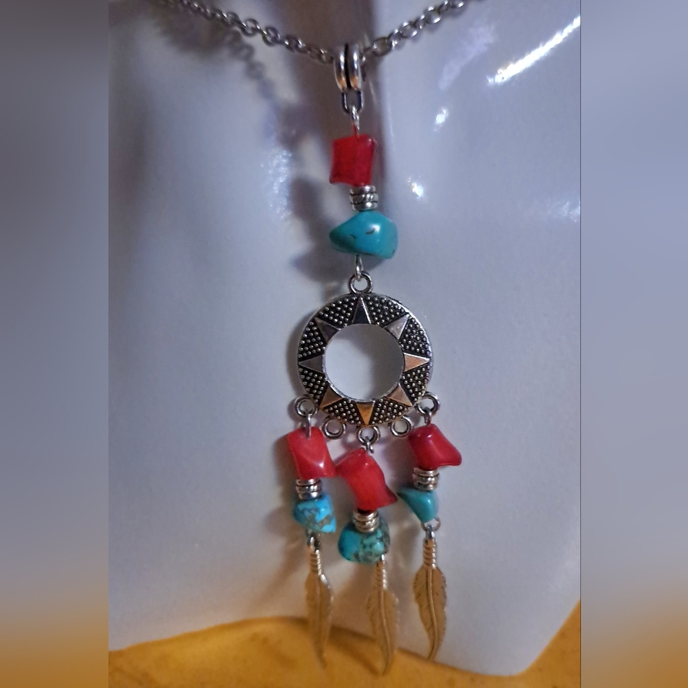Quality Turquoise & Bamboo Coral Southwest Pendant & Earrings in Stainless Steel